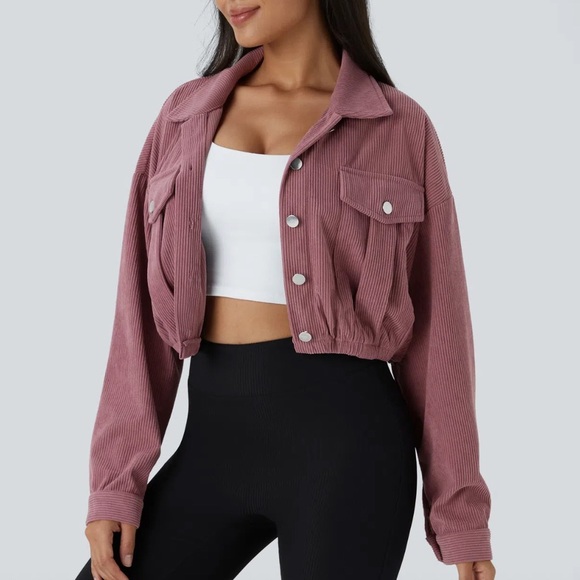 New! Halara Pocket Cropped Corduroy Casual Jacket, Pink Deco Rose, Cargo Pockets - Picture 10 of 10